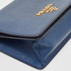 Prada Blue Saffiano and Soft Leather Chain Flap Shoulder Bag