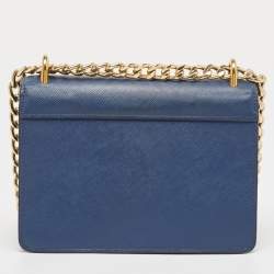 Prada Blue Saffiano and Soft Leather Chain Flap Shoulder Bag