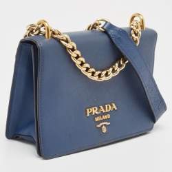 Prada Blue Saffiano and Soft Leather Chain Flap Shoulder Bag