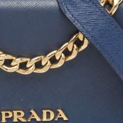 Prada Blue Saffiano and Soft Leather Chain Flap Shoulder Bag