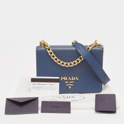 Prada Blue Saffiano and Soft Leather Chain Flap Shoulder Bag