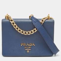 Prada Blue Saffiano and Soft Leather Chain Flap Shoulder Bag