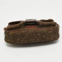 Pre Owned Prada Dark Brown Wool and Learher Crystals Embellished Buckle Flap Bag