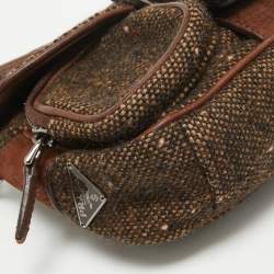 Pre Owned Prada Dark Brown Wool and Learher Crystals Embellished Buckle Flap Bag