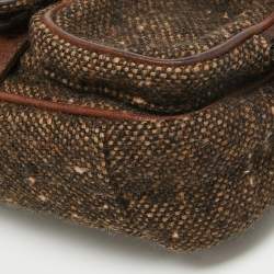 Pre Owned Prada Dark Brown Wool and Learher Crystals Embellished Buckle Flap Bag