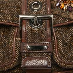 Pre Owned Prada Dark Brown Wool and Learher Crystals Embellished Buckle Flap Bag