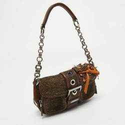 Pre Owned Prada Dark Brown Wool and Learher Crystals Embellished Buckle Flap Bag