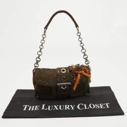 Pre Owned Prada Dark Brown Wool and Learher Crystals Embellished Buckle Flap Bag