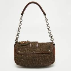 Pre Owned Prada Dark Brown Wool and Learher Crystals Embellished Buckle Flap Bag