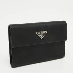 Pre Owned Prada Black Nylon Logo Flap Trifold Wallet