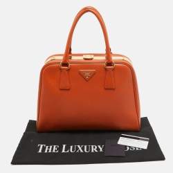 Pre Owned Prada Orange Saffiano Lux Leather Pyramid Frame Satchel