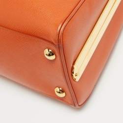 Pre Owned Prada Orange Saffiano Lux Leather Pyramid Frame Satchel