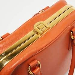 Pre Owned Prada Orange Saffiano Lux Leather Pyramid Frame Satchel