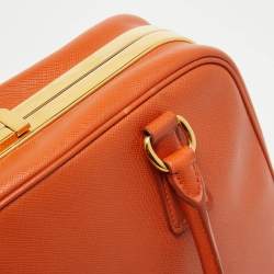 Pre Owned Prada Orange Saffiano Lux Leather Pyramid Frame Satchel