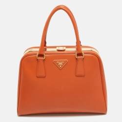 Pre Owned Prada Orange Saffiano Lux Leather Pyramid Frame Satchel