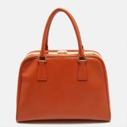 Pre Owned Prada Orange Saffiano Lux Leather Pyramid Frame Satchel
