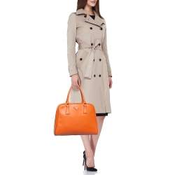 Pre Owned Prada Orange Saffiano Lux Leather Pyramid Frame Satchel