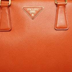 Pre Owned Prada Orange Saffiano Lux Leather Pyramid Frame Satchel