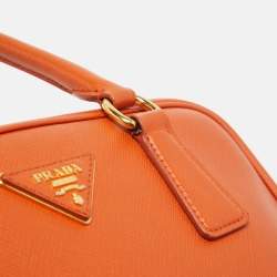 Pre Owned Prada Orange Saffiano Lux Leather Pyramid Frame Satchel