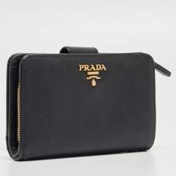 Pre Owned Prada Black Saffiano Leather Zip Around Compact Wallet
