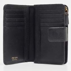 Pre Owned Prada Black Saffiano Leather Zip Around Compact Wallet