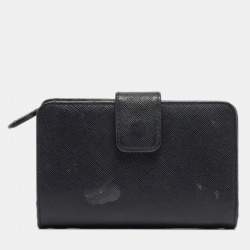 Pre Owned Prada Black Saffiano Leather Zip Around Compact Wallet