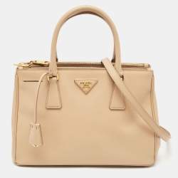 Pre Owned Prada Beige Saffiano Lux Leather Small Double Zip Tote