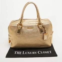 Pre Owned Prada Gold Vitello Daino Leather Large Bauletto Bag