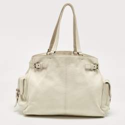 Pre Owned Prada Off White Vitello Daino Leather Side Pockets Tote