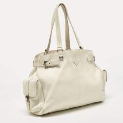 Pre Owned Prada Off White Vitello Daino Leather Side Pockets Tote