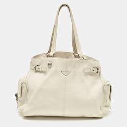 Pre Owned Prada Off White Vitello Daino Leather Side Pockets Tote