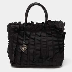 Prada Black Nylon and Leather Ruffle Tote