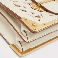 Pre Owned Prada Off White City Calf and Saffiano Leather Laser Cut Cahier Flap Shoulder Bag