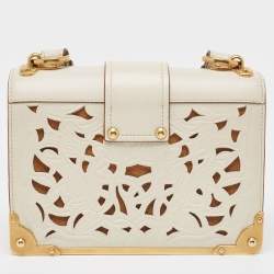 Pre Owned Prada Off White City Calf and Saffiano Leather Laser Cut Cahier Flap Shoulder Bag