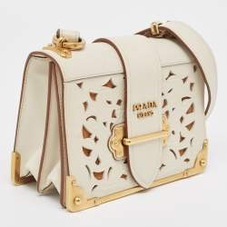 Pre Owned Prada Off White City Calf and Saffiano Leather Laser Cut Cahier Flap Shoulder Bag