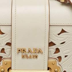 Pre Owned Prada Off White City Calf and Saffiano Leather Laser Cut Cahier Flap Shoulder Bag