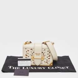 Pre Owned Prada Off White City Calf and Saffiano Leather Laser Cut Cahier Flap Shoulder Bag