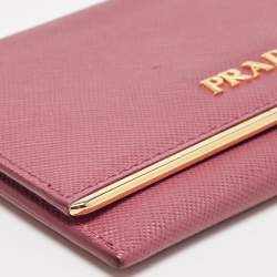 Prada Pink Saffiano Leather Flap Metal Card Holder