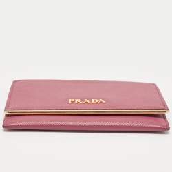Prada Pink Saffiano Leather Flap Metal Card Holder