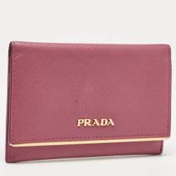 Prada Pink Saffiano Leather Flap Metal Card Holder