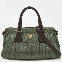 Pre Owned Prada Green/Brown Gaufre Nylon and Leather Tote