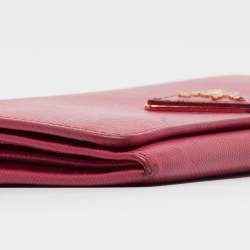 Prada Pink Saffiano Metal Leather Triangle Logo Flap Continental Wallet