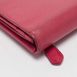 Prada Pink Saffiano Metal Leather Triangle Logo Flap Continental Wallet