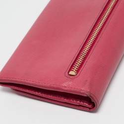 Prada Pink Saffiano Metal Leather Triangle Logo Flap Continental Wallet