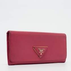 Prada Pink Saffiano Metal Leather Triangle Logo Flap Continental Wallet