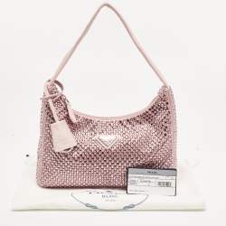 Pre Owned Prada Light Pink Satin Crystals Re-Edition 2000 Baguette Bag