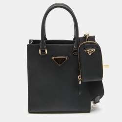 Pre Owned Prada Black Saffiano Lux Leather Small Tote