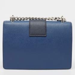 Pre Owned Prada Two Tone Blue Saffiano 1 Leather Sound Flap Chain Shoulder Bag
