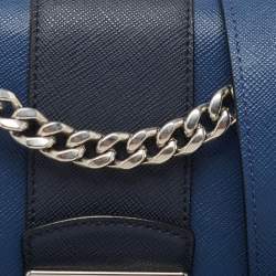 Pre Owned Prada Two Tone Blue Saffiano 1 Leather Sound Flap Chain Shoulder Bag