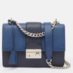 Pre Owned Prada Two Tone Blue Saffiano 1 Leather Sound Flap Chain Shoulder Bag